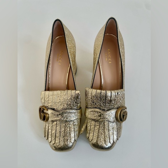 Gucci Metallic Gold Marmont GG Platform Platino Fringe Logo Block Heel pumps 38 - Picture 2 of 13